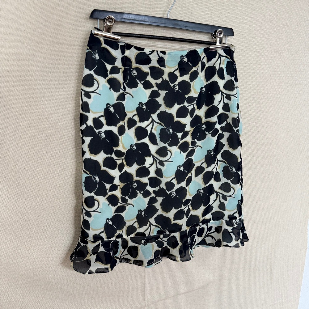 Vintage Ann Taylor Factory Floral Ruffle Hem Midi Skirt Blue Black White Size 12 - Picture 2 of 6